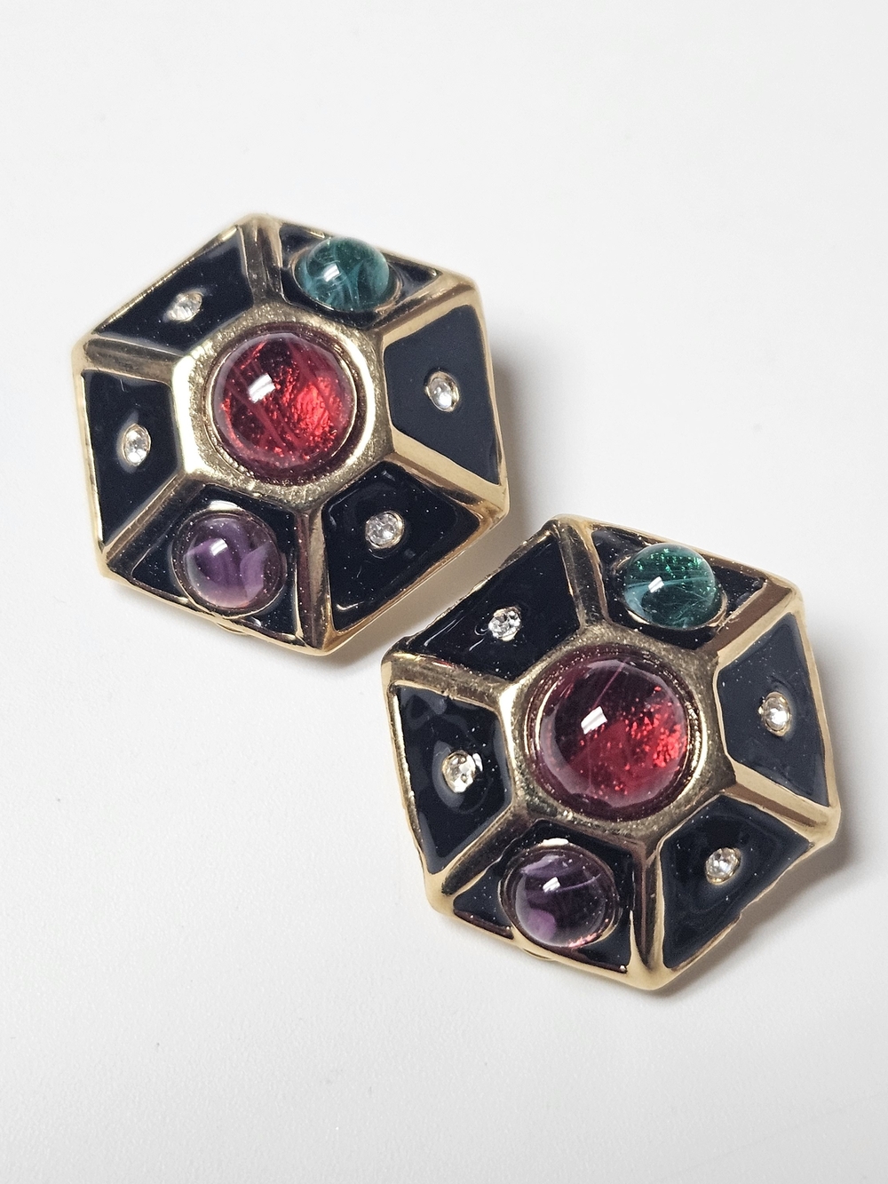 Gold-Tone Hexagon Multi-Stone Clip Earrings - Red, Green, Purple, Black